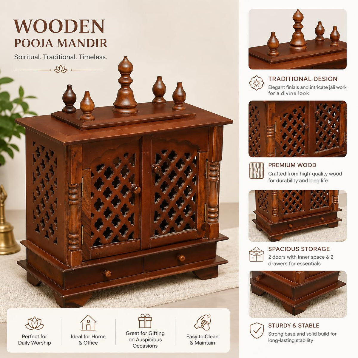 Kamdhenu Art and Craft Wooden Temple/Home Temple/Pooja Mandir/Pooja Mandap/Temple for Home (JL NACURAL), 22.9D x 45.7W x 53.3H Centimeters