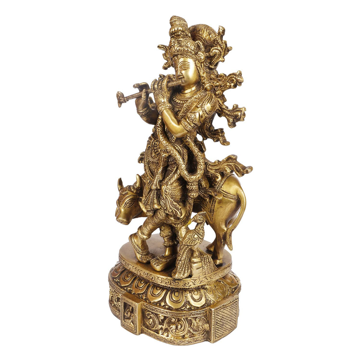 SVARUP Brass Shri Krishna Idol with Cow Kishan Bhagwan Murti Lord Krishna Cow Statue with Flute Big Size Height 12 Inch Weight 4.8 Kg Color Gold