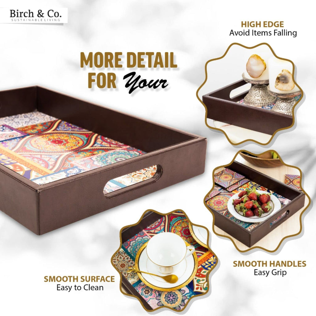 Birch & Co. Wooden Tray For Serving-Free 4 Coasters-10 Inch X 15 Inch-Serving Tray-Tray Set For Decoration-Tea Trays-Big Coffee Tray-Premium Mdf Trey-Wooden Serving Trays-Resin Tray,Round