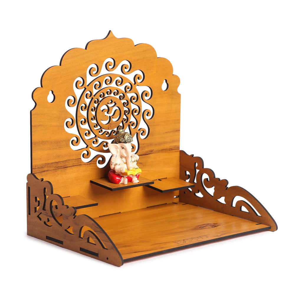 EXPRO Wooden Wall Mounted Pooja Mandir for Home & Office, Wooden Temple for Home Decor Hanging Pooja Stand for Idols | Home Temple | Height: 28 | DIY (Do-It-Yourself) | OM Design 3