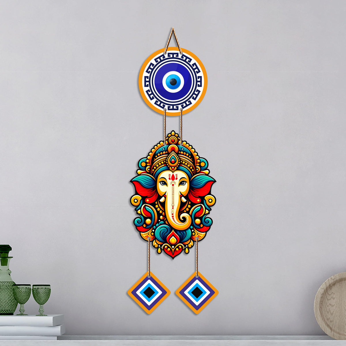 Artvibes Siddhivinayak Wall Hanging with Evil Eye Protection for Home Decor | Nazar Dosh Removal Hanging for Entrance Temple Bedroom Office | Spiritual Vastu Lucky Charm Decorative Gift (WH_8565N)