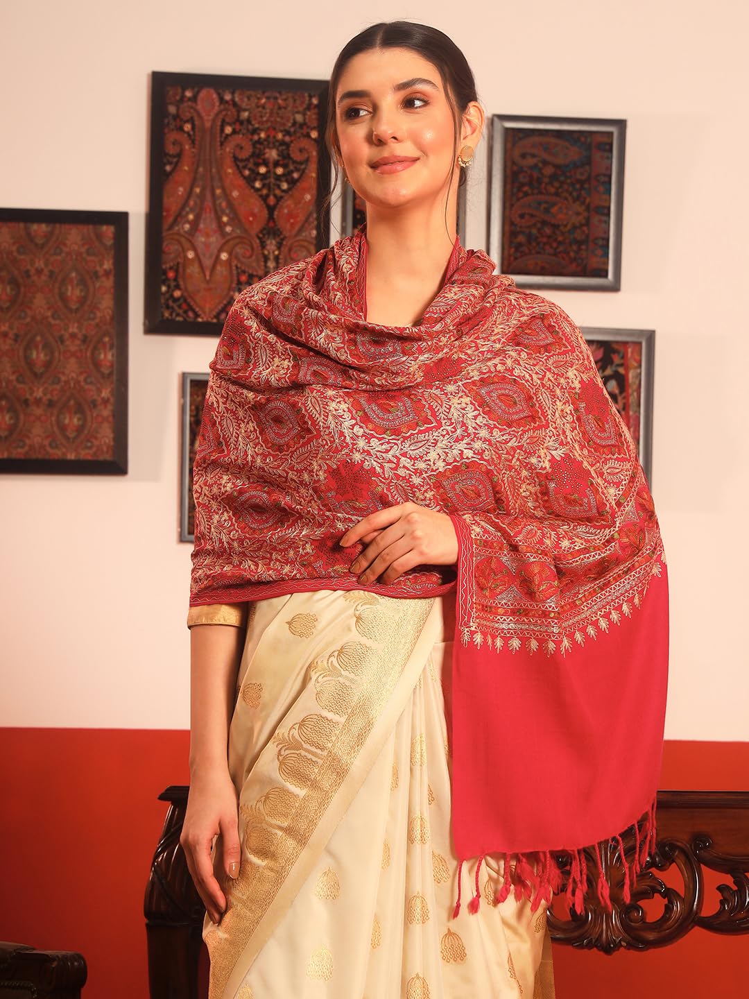 Pashmoda Women Ornate Harmony Fine Wool Nalki Embroidered Stole (Size : 28x80in, 71X203cm) EMST03