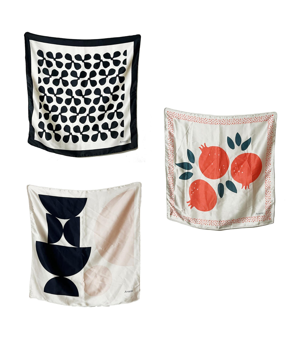 NK Textiles Women's Floral Geometric Drawing Printed Square New York Style Satin Head Scarf - Neck Scarf (22x22) (3-Piece Set)