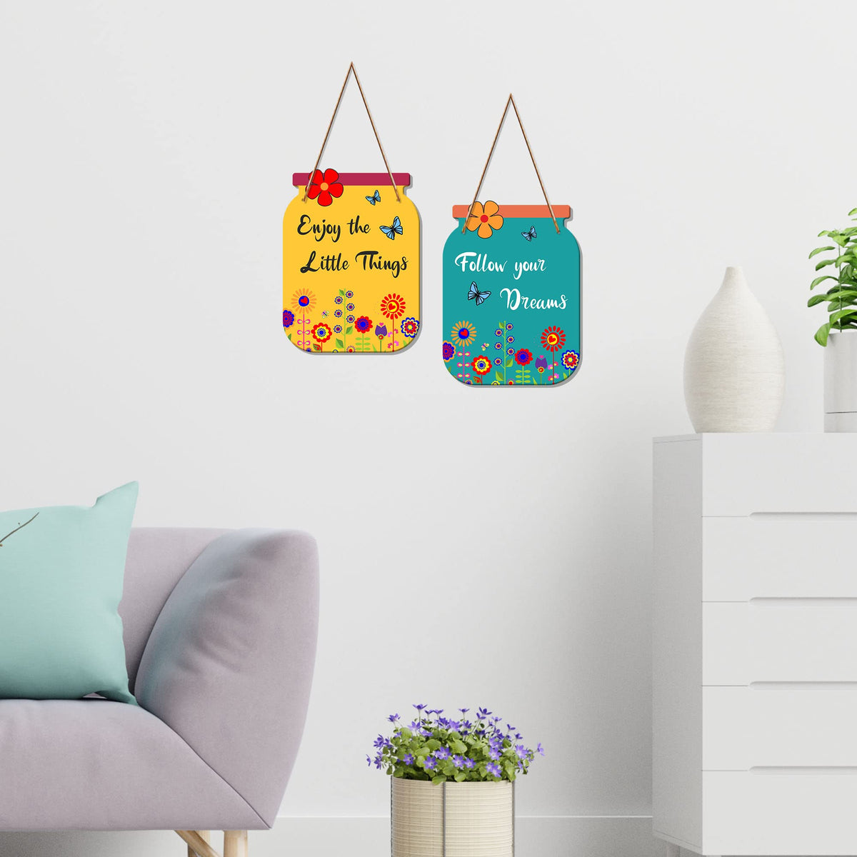 Artvibes Follow Your Dreams Wooden Wall Hanger | Quotes Decor Item | Motivational Wall Decor | Wall Poster | Graphic Art | Gift Items | Office Wall Decoration Items (WH_6801N), Set of 2
