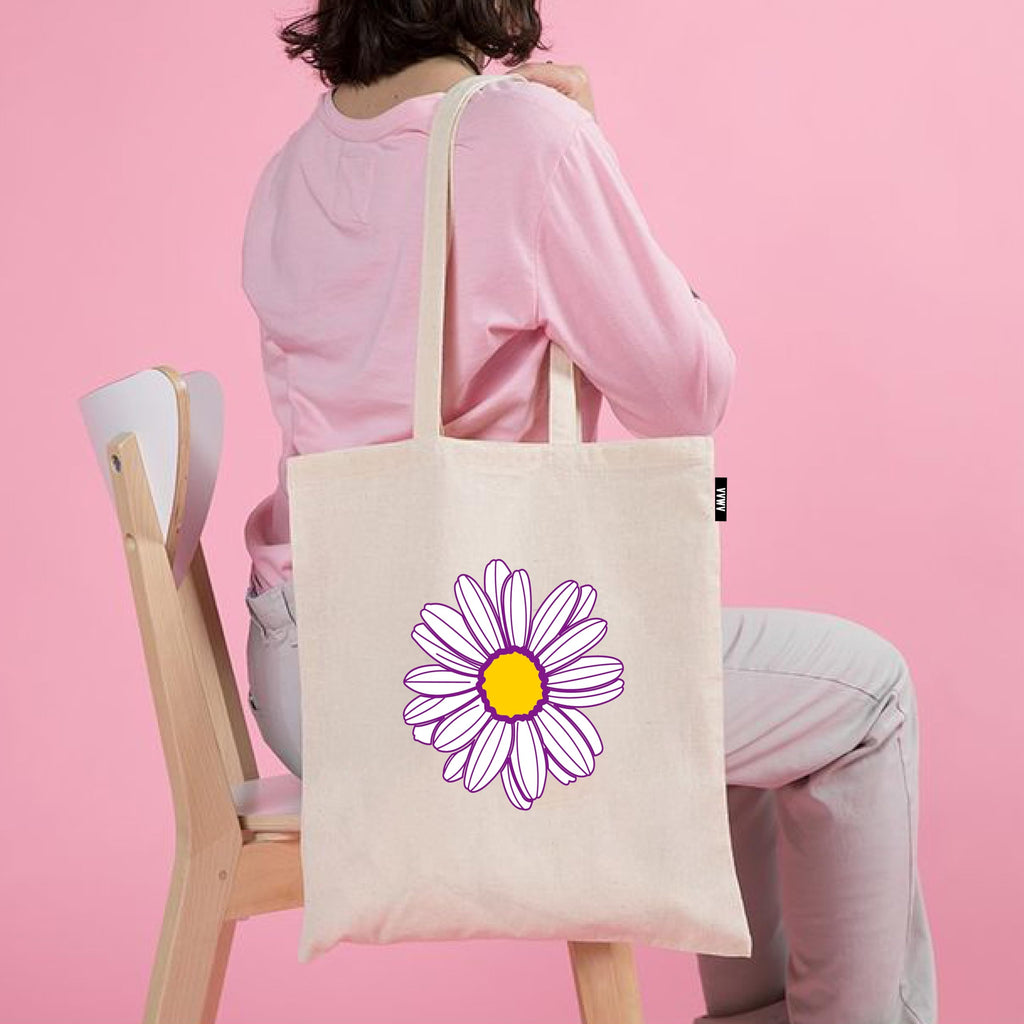 VVWV Purple Daisy Flower Printed Reusable Tote Bags | 100% Organic Cotton Shopping/Grocery Bag | Multi-Purpose Bag | Sturdy Canvas Bag with 15kgs Capacity (13 x 15.7 Inch)