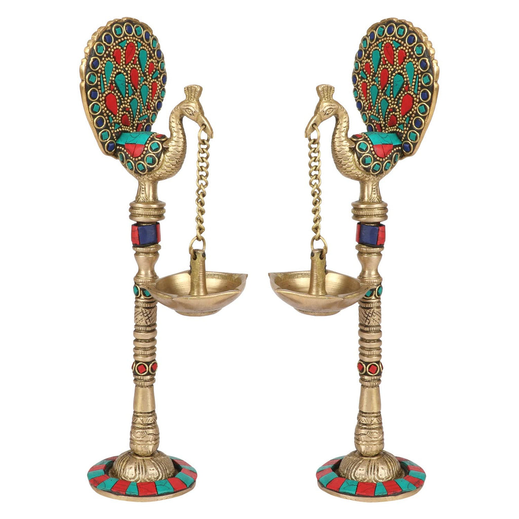 Artvarko Pair of Bird Peacock Hanging Chain Diya Oil Lamp Stand Brass Puja for Home Decor Temple Decorative Gift 9 Inches