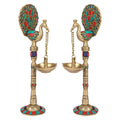 Artvarko Pair of Bird Peacock Hanging Chain Diya Oil Lamp Stand Brass Puja for Home Decor Temple Decorative Gift 9 Inches