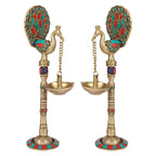 Artvarko Pair of Bird Peacock Hanging Chain Diya Oil Lamp Stand Brass Puja for Home Decor Temple Decorative Gift 9 Inches