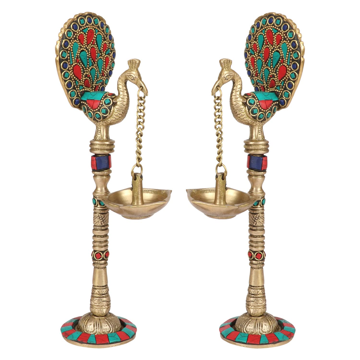 Artvarko Pair of Bird Peacock Hanging Chain Diya Oil Lamp Stand Brass Puja for Home Decor Temple Decorative Gift 9 Inches