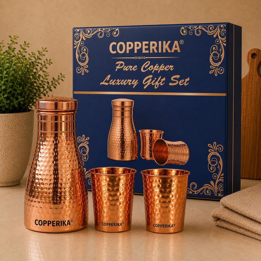Copperika Bedroom Jar Hammered Diwali Gift Hamper Set Copper Water Bottle 1 ltr 1000ml + Copper Glass (Pack of 2-300ml Each) Original Heavy Build With Ayurvedic & Other Health Benefits For ALL USERS