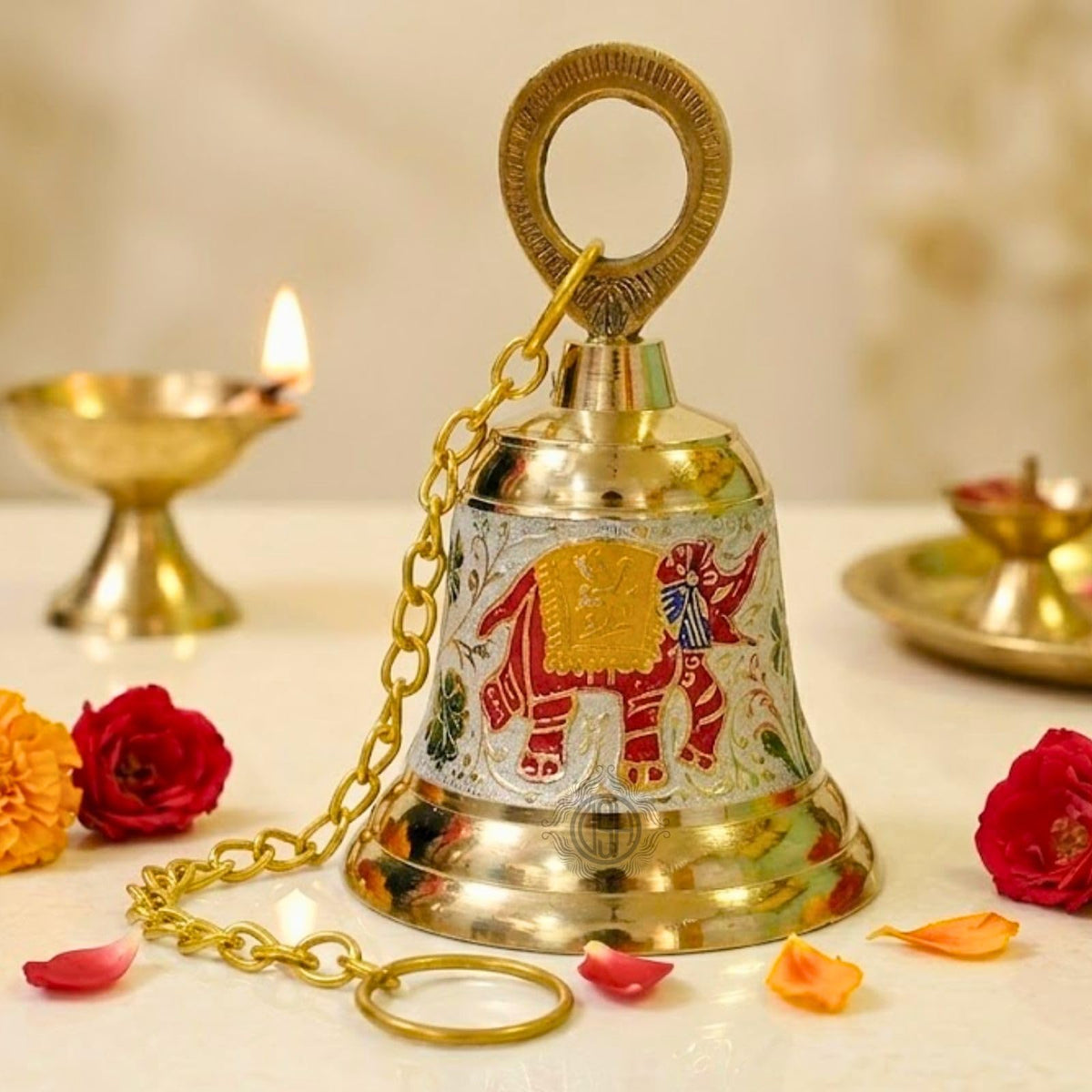 DSH Brass Hanging Bells for Puja Room Decoration Items Hanging Bell for Mandir Temple Decor Ghanti for Mandir. (White, H-4.5 Inch)