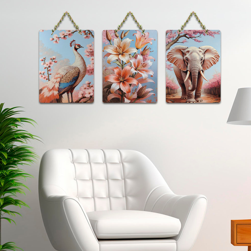 Artvibes Elephant, Peacock & Floral Harmony Decorative Wall Hanging Ornaments | Handcrafted Art | Festive Decor | Wall Illustrations | Paintings For Wall | Unique Gift Items (WH_9654N), Set of 3