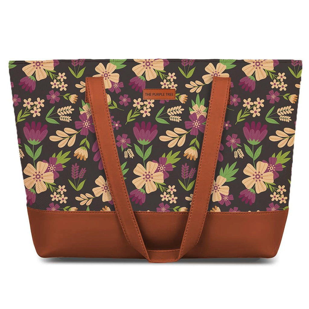 The Purple Tree Handcrafted Women's Tote Bag with Vegan Leather Handles & Indian Prints, Violet Magic Shoulder Tote, Handbag for Office and College, Oversized Tote Bag