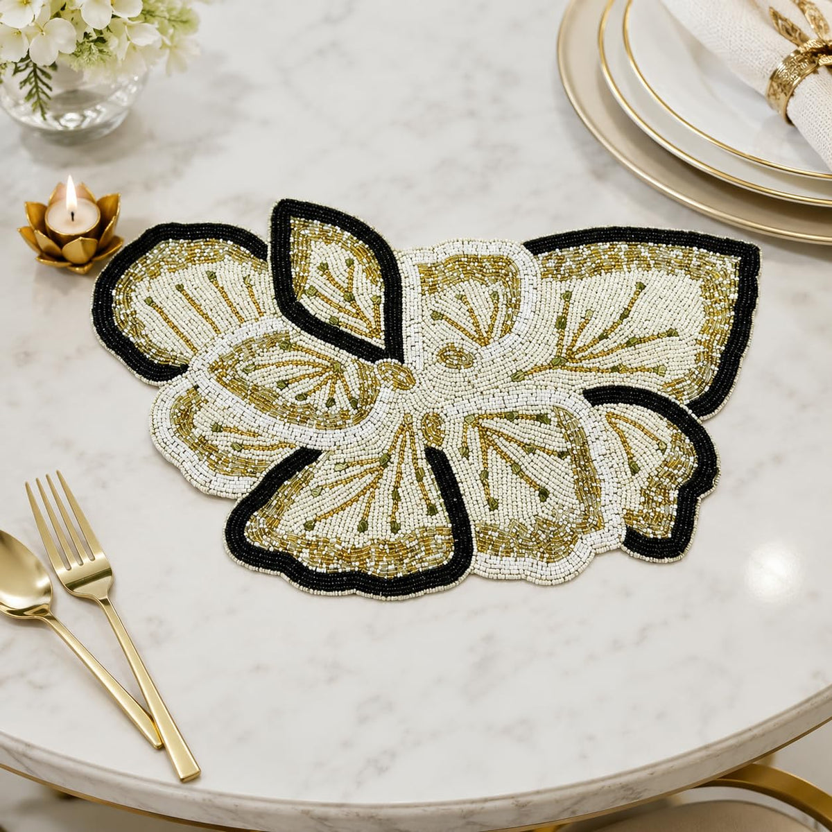 MFU - Made For You Beaded Table Placemat 12 x 16 Inch (Pack of 1) | Handcrafted Decorative Dining Placemat | Heat Resistant Beaded Table Mat for Dining Table, Kitchen, Coffee Table & Home Décor Kafalo