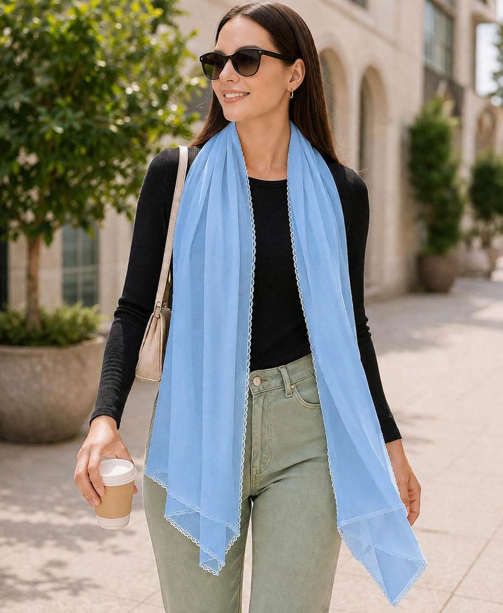 Ravaiyaa Women Solid Chiffon Scarves With Lace Border | Women Lightweight Breathable Solid Color Soft Chiffon Long Fashion Scarves Sun-proof Shawls Wrap (Light Blue)