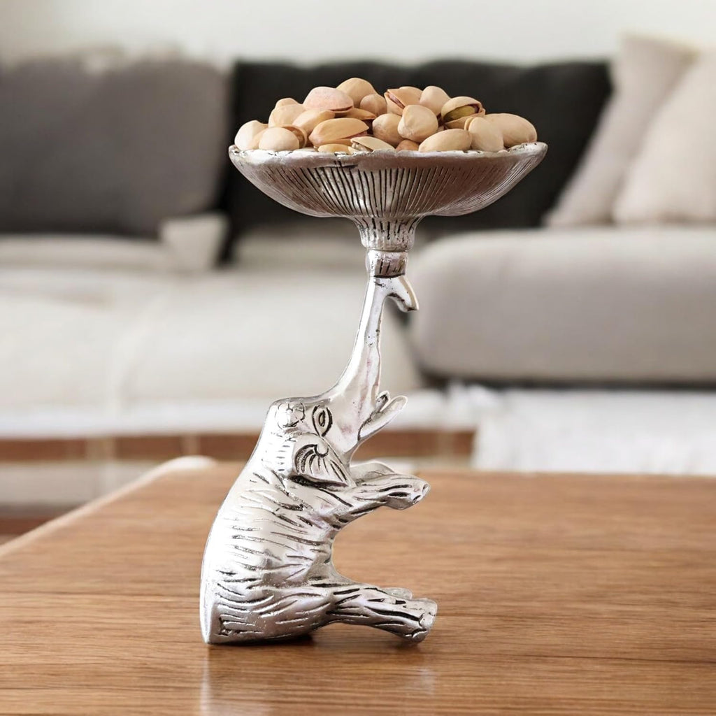KridayKraft Metal Elephant Dry Fruit Bowl Showpiece Silver Polish for Your Home,Office Table Decorative,Elephant Showpiece Bowl for Gift,Animal Figurines
