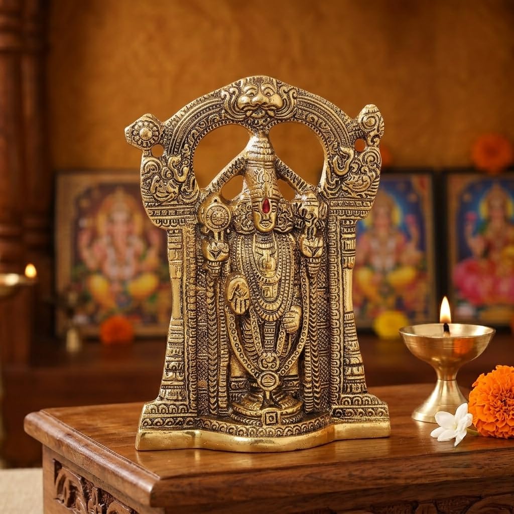 KridayKraft Tirupati Balaji Idol, Decorative Aluminium Gold Finish Lord Venkateswara Statue for Office, Home Temple, 24 x 17 cm