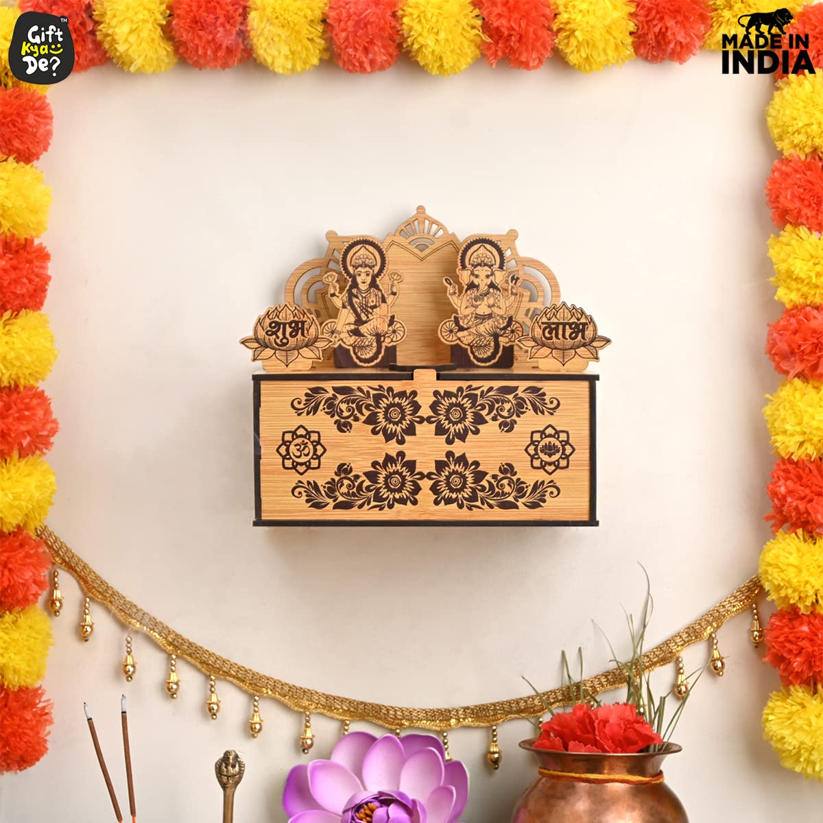 GKD Gift Hamper Special Mini Mandir with Pooja Samagri, 2 Diya's - Wooden Gift Box with Storage Temple Traditional Design with Space to Keep Dry Fruits, Chocolates/Hanging Mandir (Bamboo Big Size)