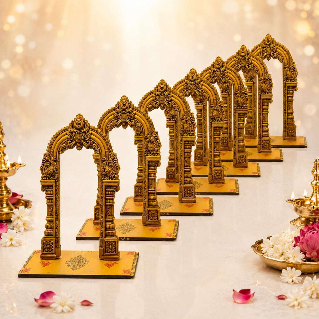 Satvaikya Decorative Temple Arch Set for Pooja & Sapta Shanivarala Vratam | 7 Premium MDF Mandir Arches for Festival Decoration, Golu Display & Home Temple Décor | Golden South Indian Temple Design