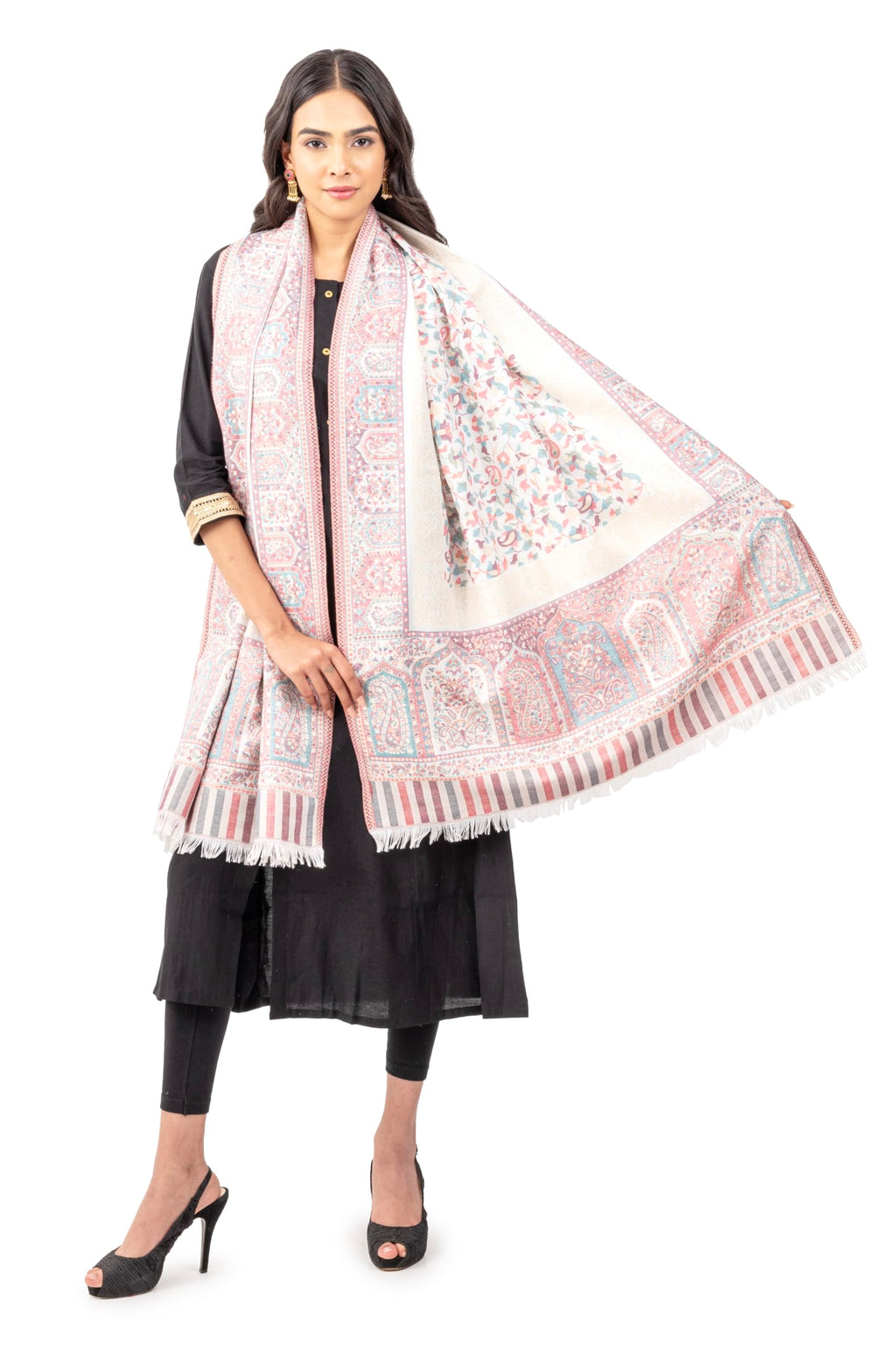 Naureen Women Faux Pashmina Kani Stole with Mughal Artwork and Zari Accents, Warm and Soft, 28x80 inch
