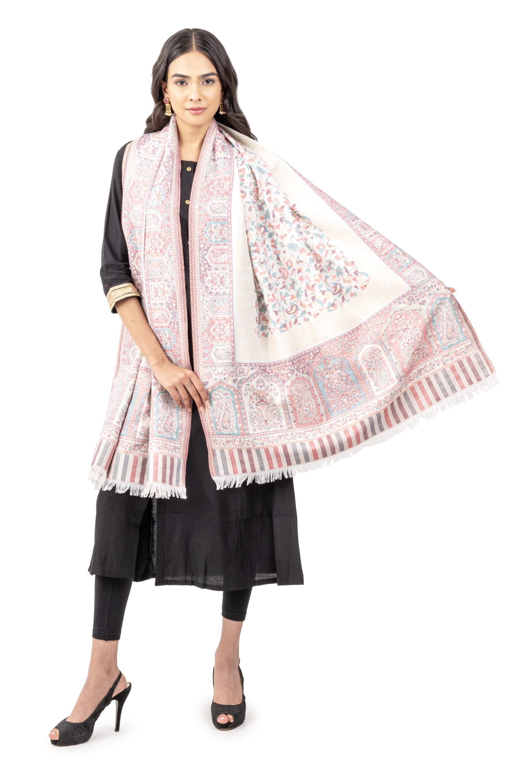 Naureen Women Faux Pashmina Kani Stole with Mughal Artwork and Zari Accents, Warm and Soft, 28x80 inch