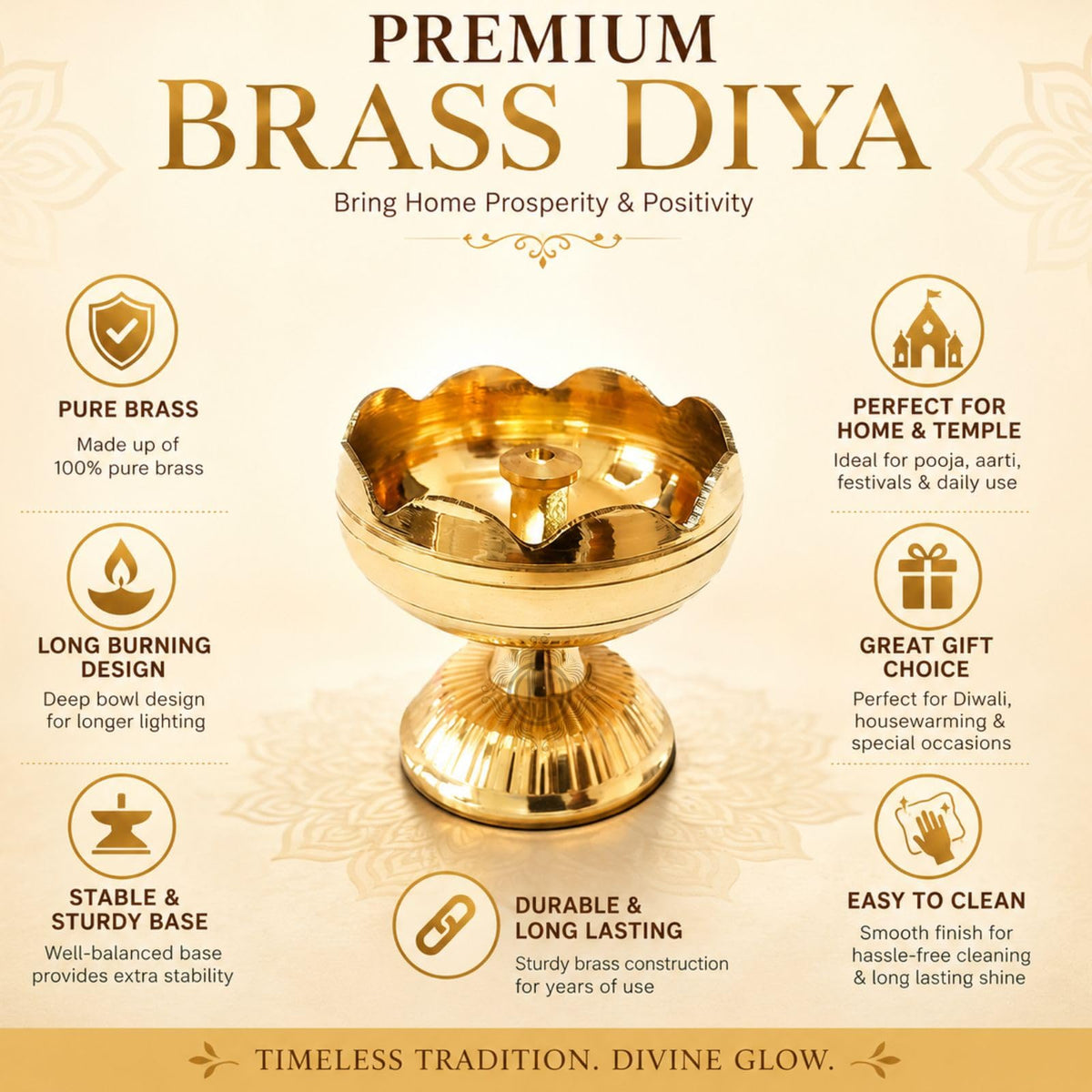 Brass Diya Pure Brass Traditional Oil Puja Lamp for Temple, Mandir, Festival Decoration, Home Decor & Diwali Gift (Flower Bloom, Set of 6)