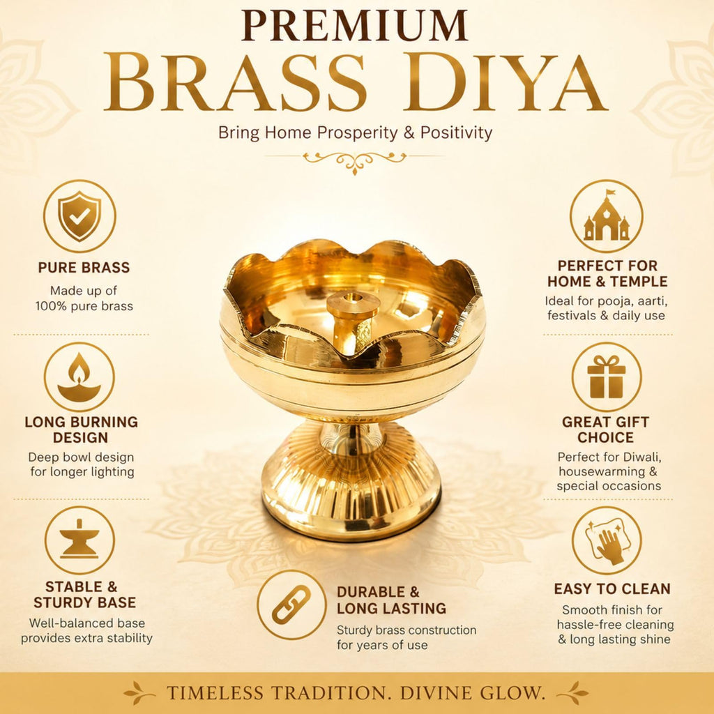 Brass Diya Pure Brass Traditional Oil Puja Lamp for Temple, Mandir, Festival Decoration, Home Decor & Diwali Gift (Flower Bloom, Set of 4)