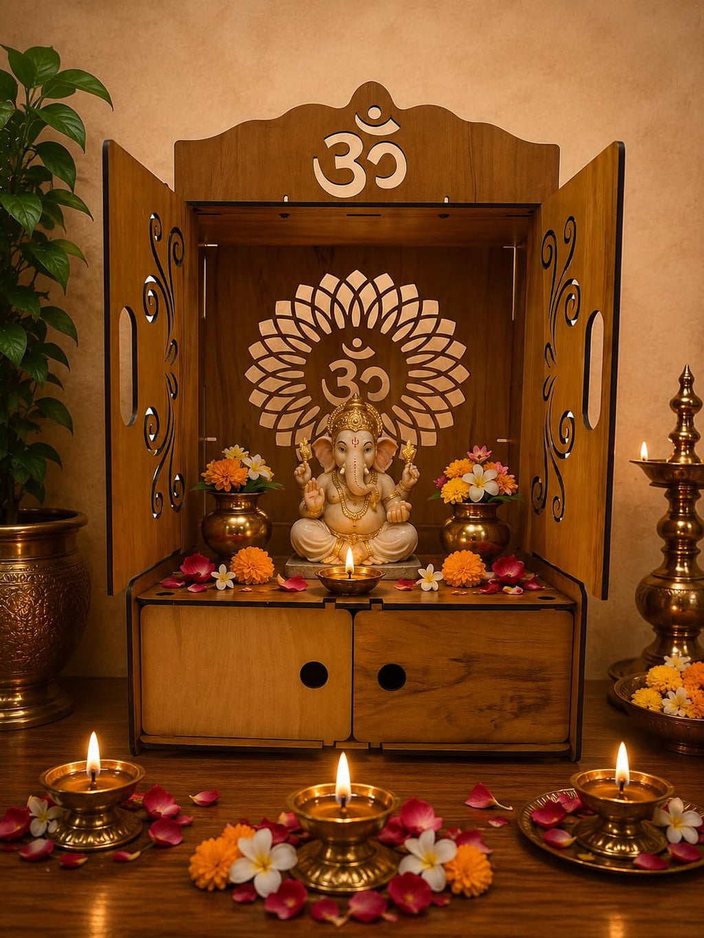 EXPRO Wooden Pooja Mandir with OMWITHJAALI Cut Decorative with Door Engineered Wood Home Temple