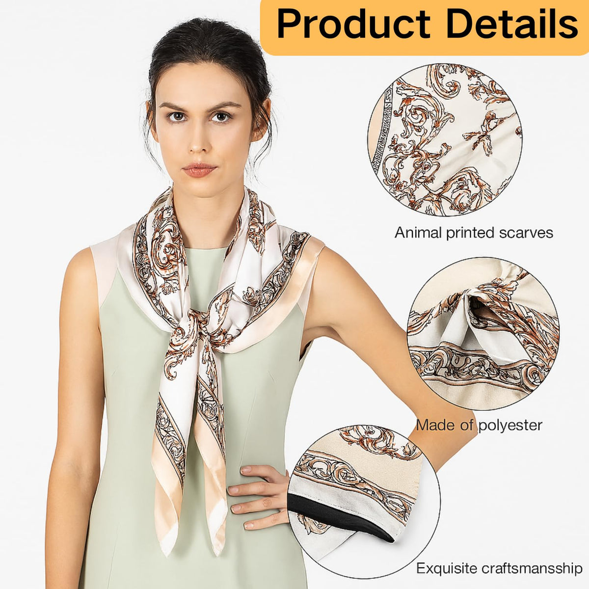 Flavizo Satin Silk Scarf for Women Stylish - White Square Head Scarves | Lightweight Elegant Bandanas for Ladies - White