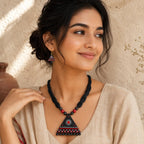 Handmade Terracotta Triangle Necklace Set with Earrings | Black Red White Handpainted Ethnic Jewellery Set for Women | Tribal Boho Necklace for Saree, Kurti, Gifting
