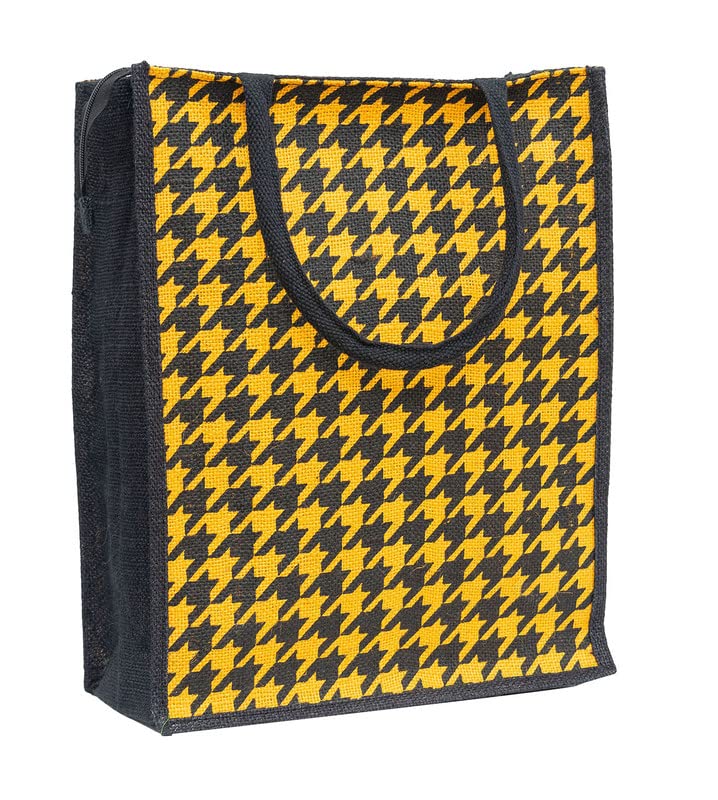 JUTEKA Tangy Houndstooth Printed Jute Lunch Bag - Grocery, Tote, Hand, Picnic Bag for Men, Women, Girls, Kids With Zip