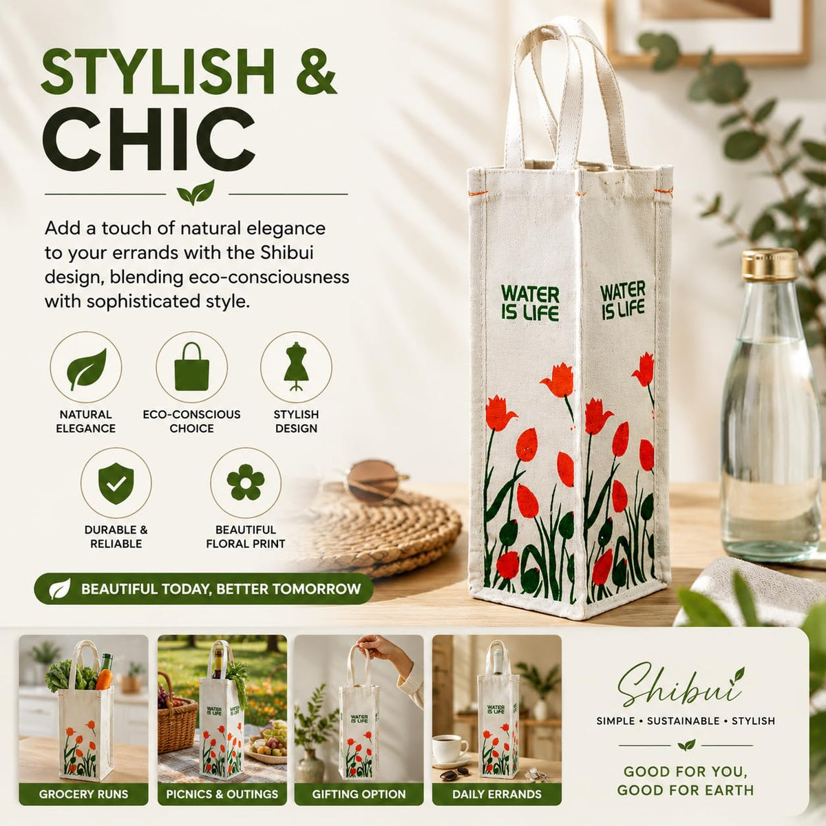 SHIBUI Eco-Friendly Cotton Bottle Carry Bag: Dual Compartment Design, Reusable and Sustainable Combo. (Tulip Print Pack of 2), White