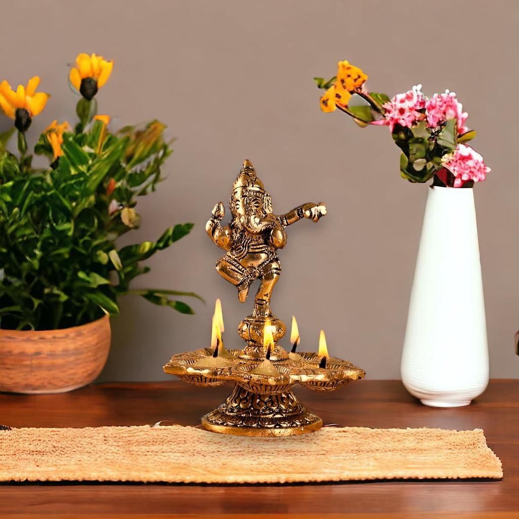 Kridaykraft Metal Panch Mukhi Diya with Dancing Ganesha Idols Gold Plated for Home and Office Pooja Room Decoration 5 batti Diya