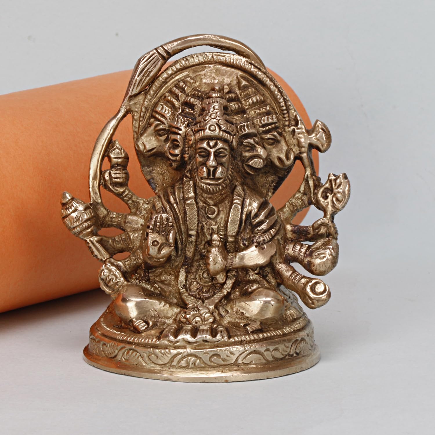ARTVARKO Brass God Panchmukhi (Five Faced) Bajrangbali Sankat Mochan Hanuman Idol Statue Murti for Home Office Entrance Decor Temple Mandir Pooja Puja Antique Gold 3.5 Inches