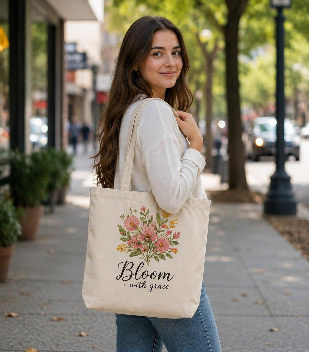 Supadaa Large Canvas Tote Bag For Women With Zipper Premium Cotton Shoulder Handbag Reusable Shopping Office College Travel Beach Grocery Bag (Flower Bloom)