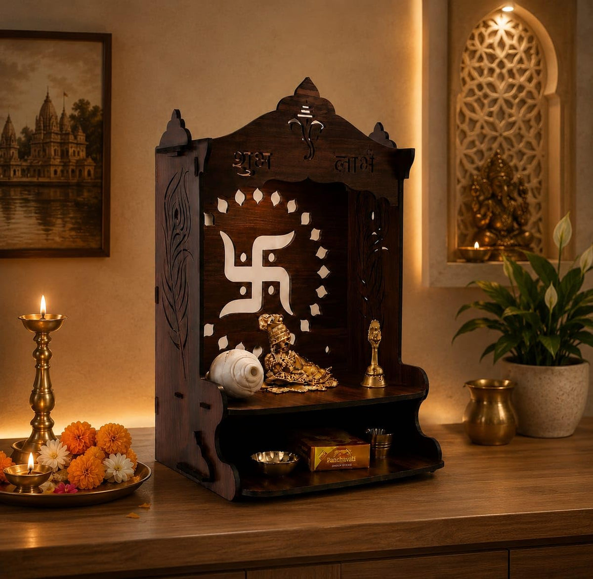 Wooden Pooja Mandir for Home, Pine Wood Temple, Decorative Hindu Mandir with Storage Shelf for Puja Room & Living Room Decor