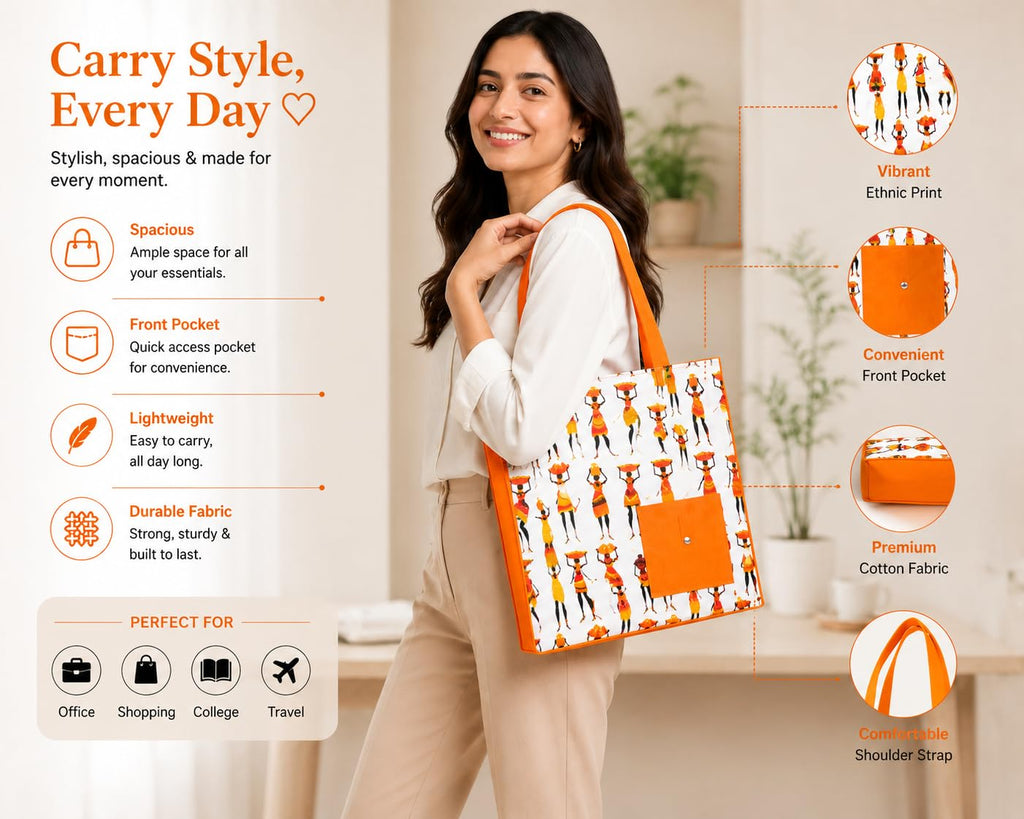 Vaishnavi Solapur Creations Warli Printed Cotton Tote Bag for Women | Ethnic Handmade Shoulder Handbag | Reusable Eco-Friendly Shopping & Daily Use Bag (Orange)