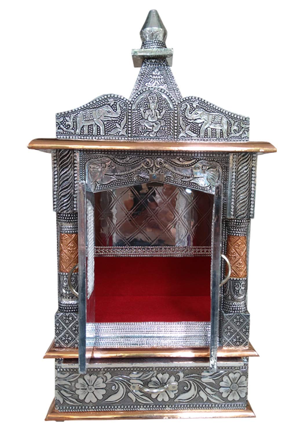 Bit-Chu Home Designs Aluminium & Copper Carving Oxidized Handcrafted Mandir/Ghar Mandir/Pooja Temple(Size: 24 x 6x 15 Inch) Silver & Bronze