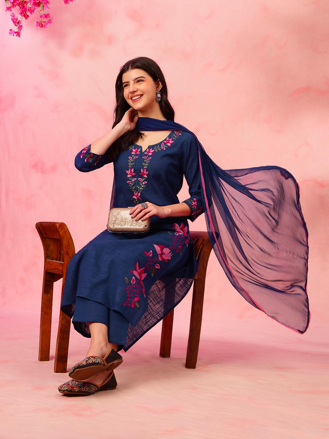 ETHNIFLAIR Women Blue Floral Embroidered Regular Aari Work Pure Cotton Kurta with Pant & Dupatta Set