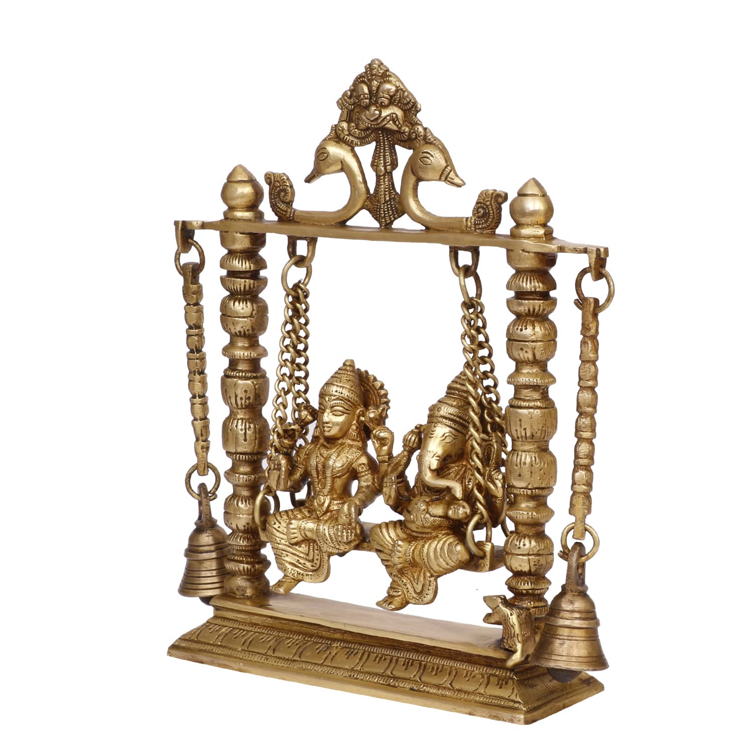 ARTVARKO Brass Laxmi Ganesha on Swing Jhula with Hanging Bells Luxmi Ganpati Jhoola Murti for Home Decor Office Mandir Gift