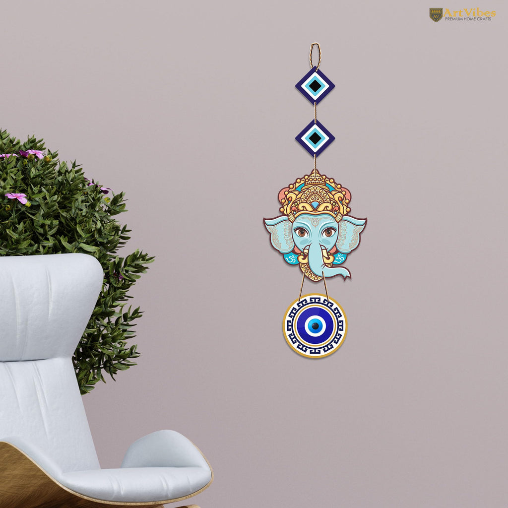 Artvibes Shri Ganesha with Evil Eye Wooden Wall Hanging For Good Fortune For Home Decoration | Livingroom | Spiritual Decor Items | Wall Illustrations | Ethnic Wall Decor | Wall Art Print (WH_8512N)
