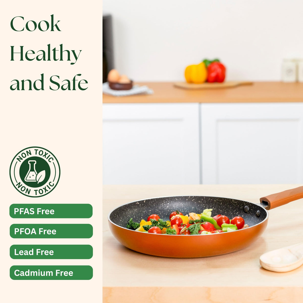 Kreme Petals 3 Piece Non-Stick Cookware Set | Granite Coating | Induction Base | PFOA Free | Lead Free | 25cm Tawa, 24cm Kadai, 24cm Fry Pan,1 Glass Lid & 2 Wooden Spoon | ISI Certified | Copper