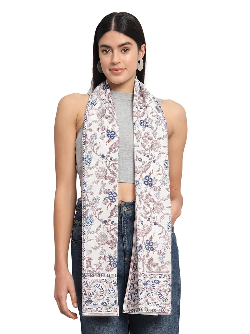Ravaiyaa - Attitude is everything Women White & Multi Hand Block Floral Printed Cotton Scarf 71 X 21 Inch