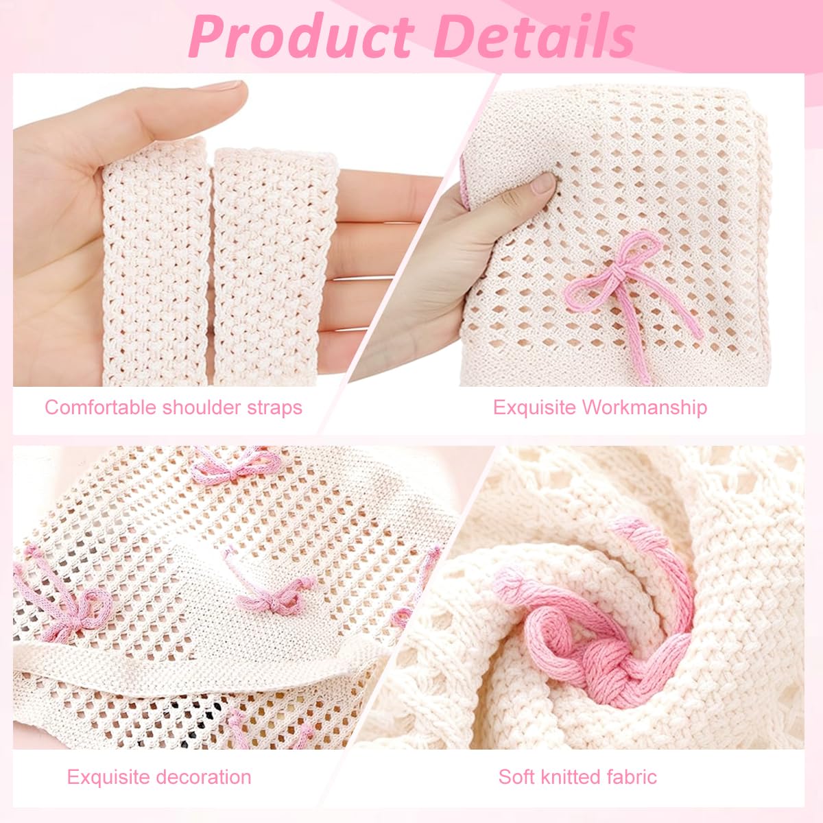 PALAY® Tote Bag for Woman Bow Crochet Mesh Knitted Shoulder Bag Coquette Cute Aesthetic Travel Tote for Girls