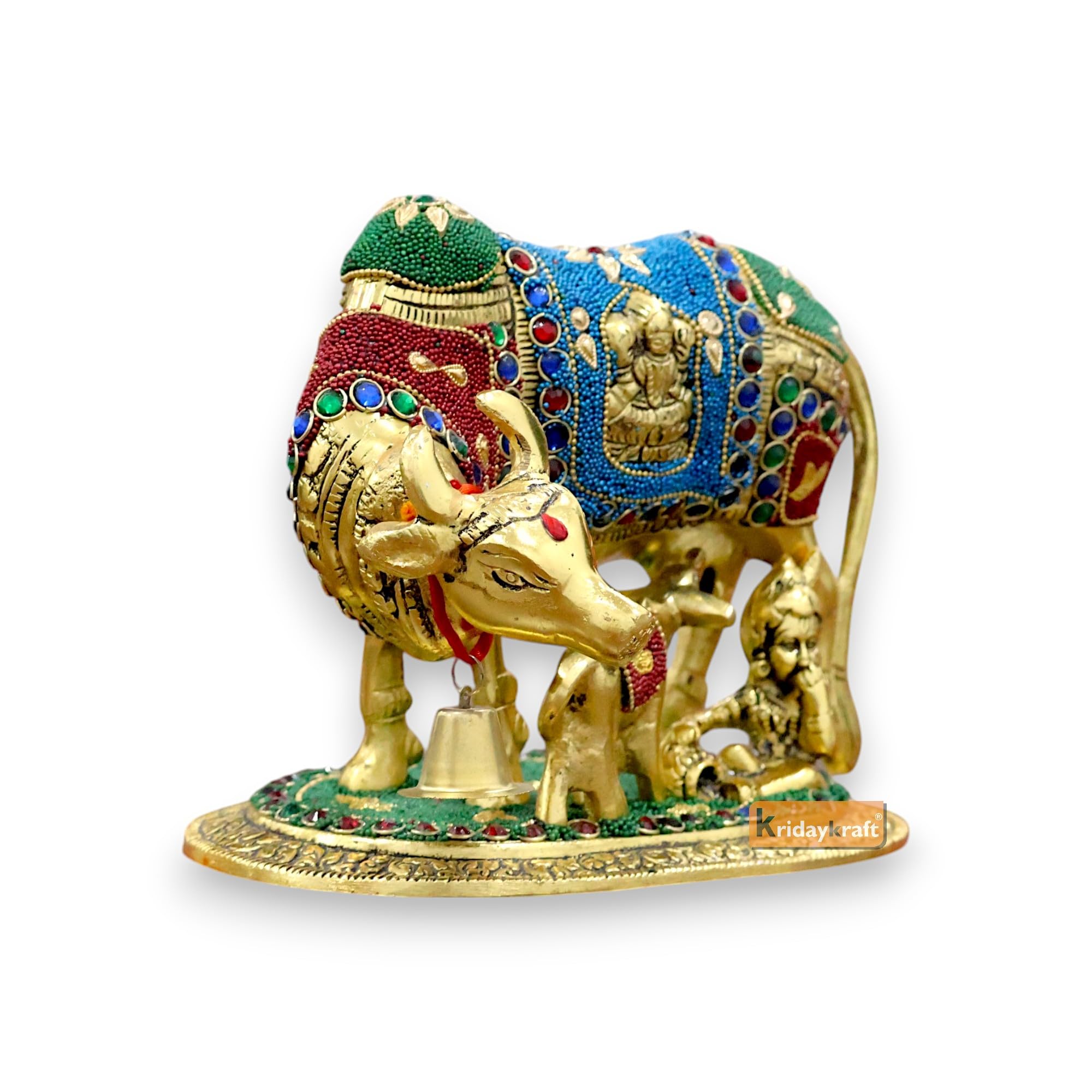 KridayKraft Kamdhenu Cow Calf Bal Gopal Krishna Metal Statue, Gold Stone XL