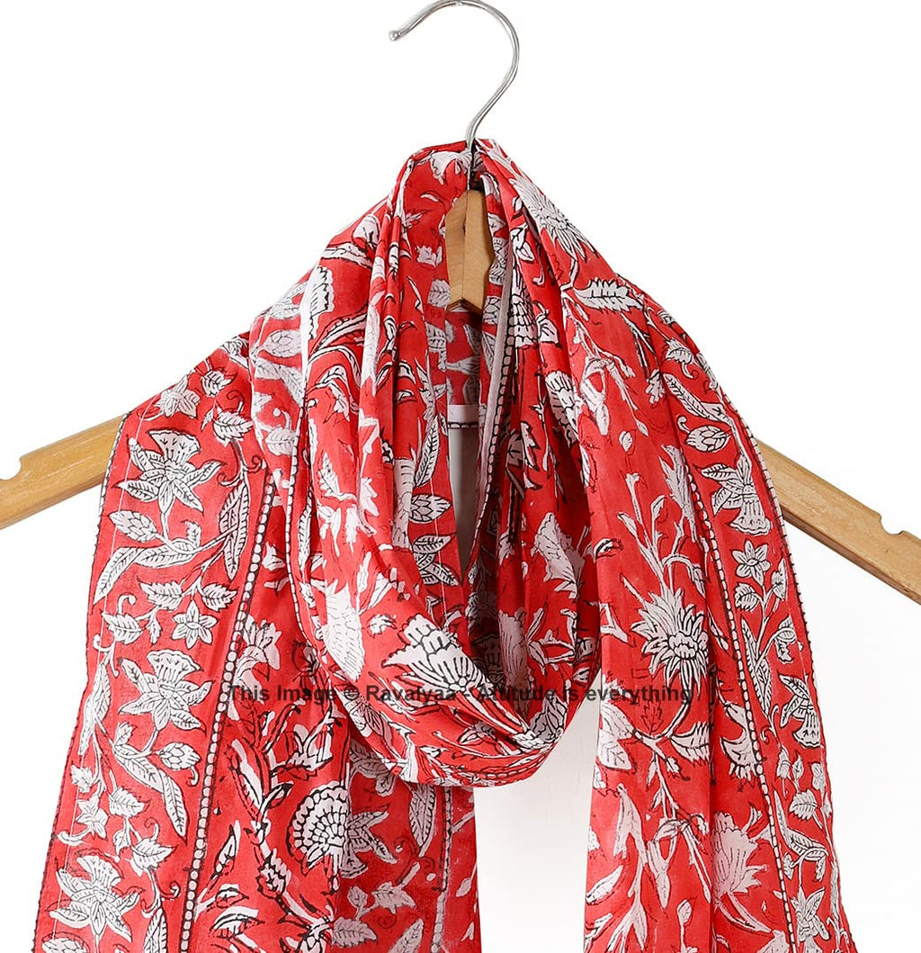 Ravaiyaa - Attitude is everything Hand Block Printed Cotton Long Stole Scarves Hijab Neck Wrap Scarf 71 X 21 Inch (Red White Floral)