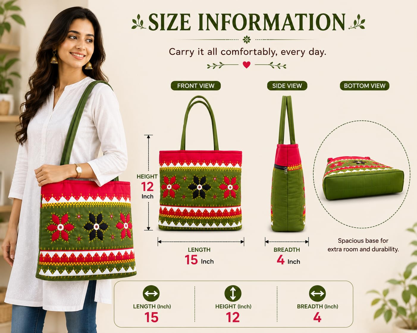 SriShopify Handcrafted Women’s Tote Bag Bridal Handbags for Wedding Ethnic Designer Handle bag Olive Mehndi birthday sankranti gift items for ladies (30x40x10 cm Original Mirror Work Stylish Applique)