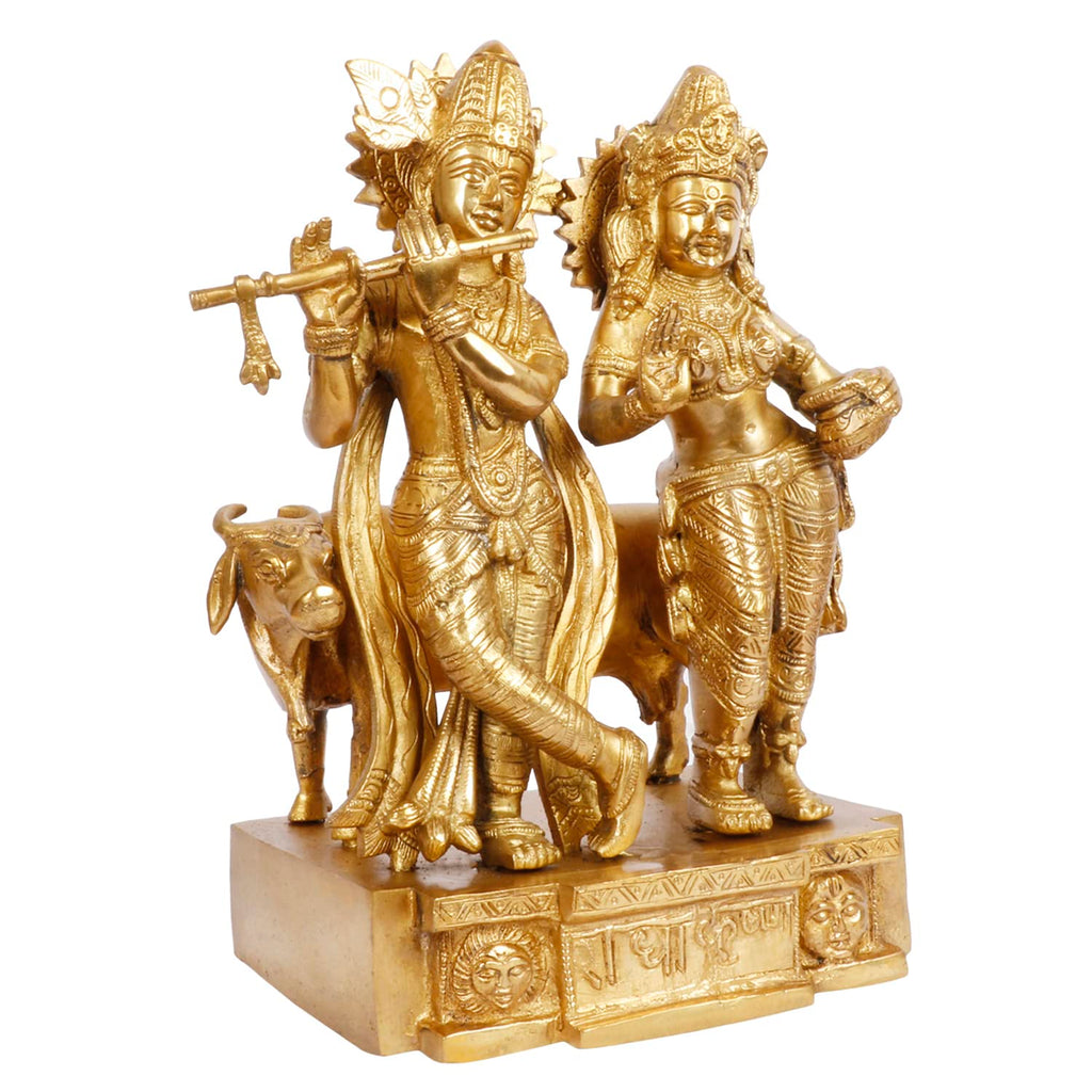 ARTVARKO Brass Radha Krishna with Cow Standing Playing Flute Statue for Home Mandir Pooja Krishan Ji Murti Temple Puja Office Home Décor Showpiece Gift 11.5 Inch.