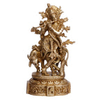 ARTVARKO Brass Krishna with Cow Standing Playing Flute Idol Statue for Home Mandir Pooja Krishan Ji Murti Temple Puja Office Home Décor Showpiece (12 inches)