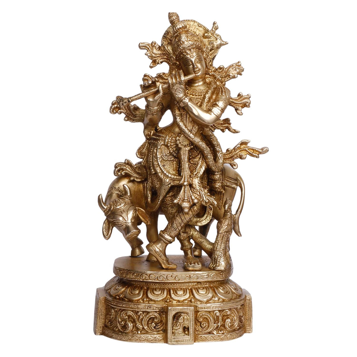 ARTVARKO Brass Krishna with Cow Standing Playing Flute Idol Statue for Home Mandir Pooja Krishan Ji Murti Temple Puja Office Home Décor Showpiece (12 inches)
